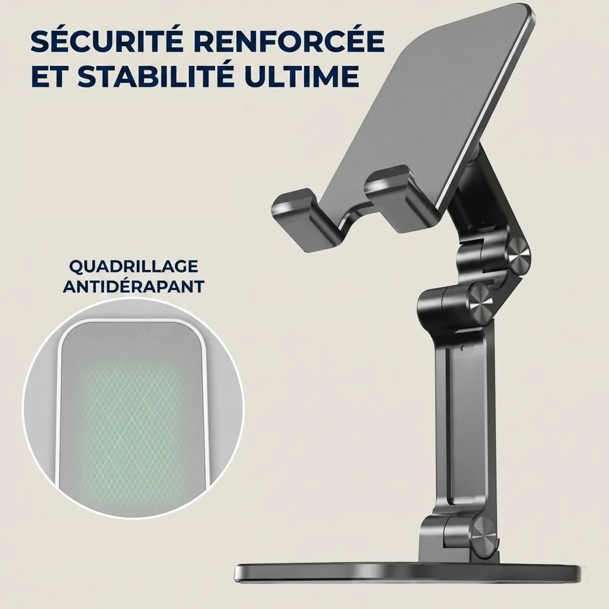 Zoom sur les revêtements protecteurs et le quadrillage en silicone antidérapant du support pour téléphone ApexFlex Pro garantissant une stabilité d'ancrage absolue.