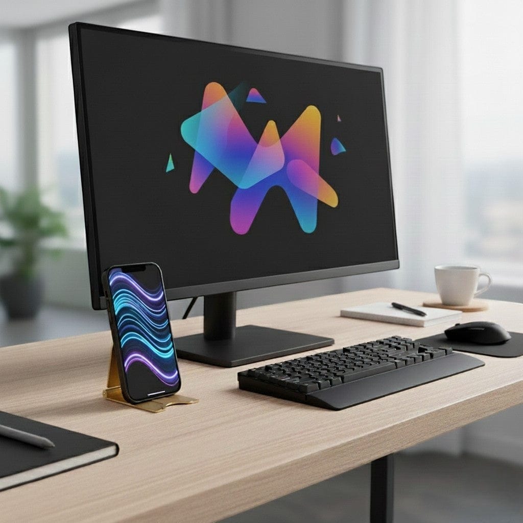 Support smartphone en bois naturel sur bureau moderne avec moniteur professionnel, clavier mécanique et souris dans workspace minimaliste épuré