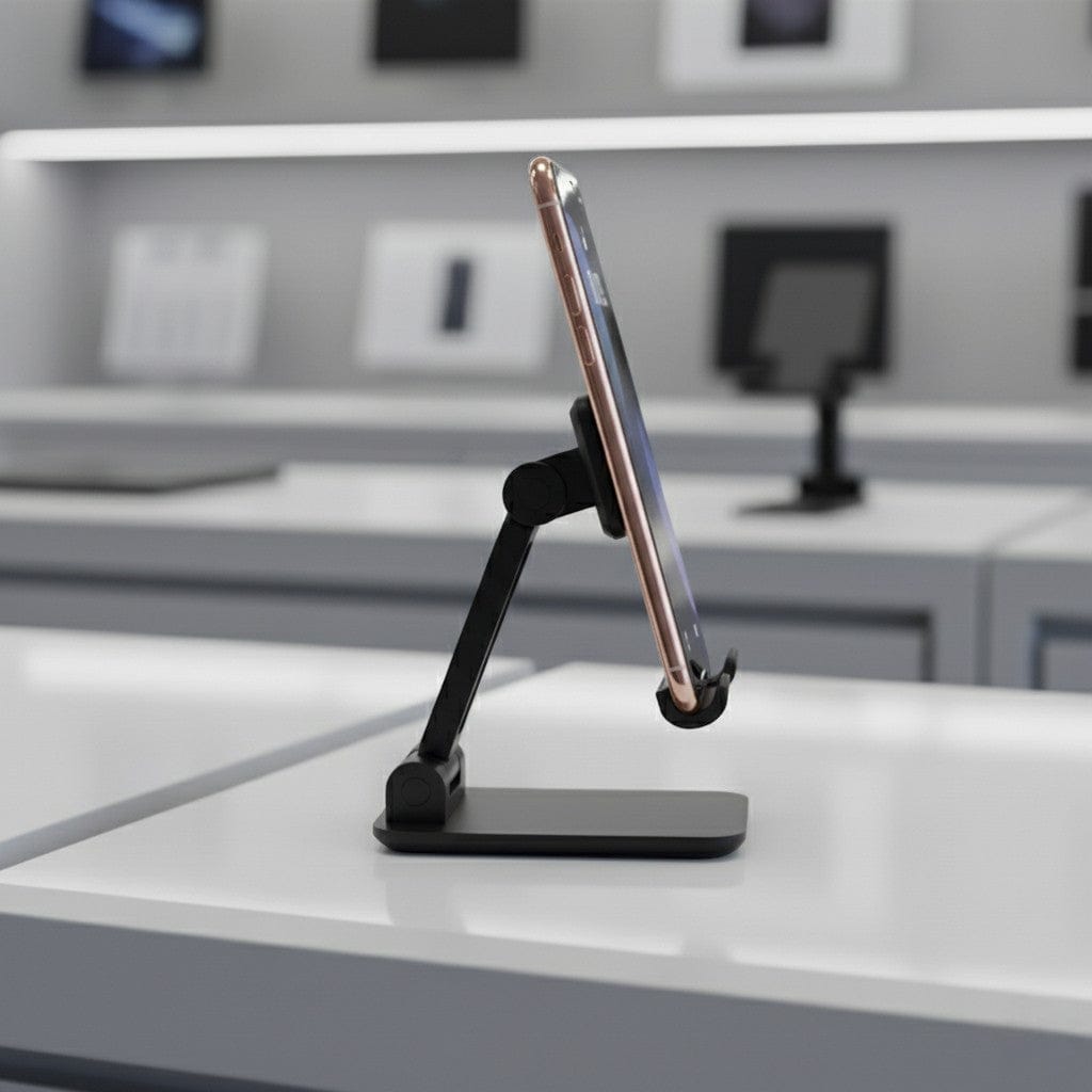 Support smartphone de bureau noir avec bras articulé réglable en angle et hauteur, design épuré pour bureau professionnel moderne