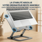 Gros plan sur la stabilité absolue et l'adhérence optimale offertes par les patins en silicone antidérapants du support AeroSteel Pro de Bureau Cosy.