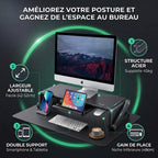 Gros plan sur le support d'écran Steel-Flex montrant la largeur ajustable et les supports escamotables pour smartphone et tablette.