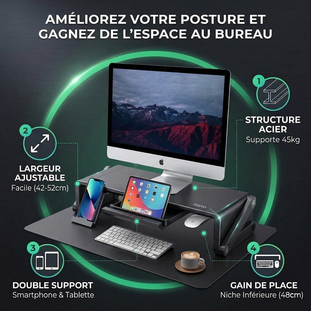 Gros plan sur le support d'écran Steel-Flex montrant la largeur ajustable et les supports escamotables pour smartphone et tablette.