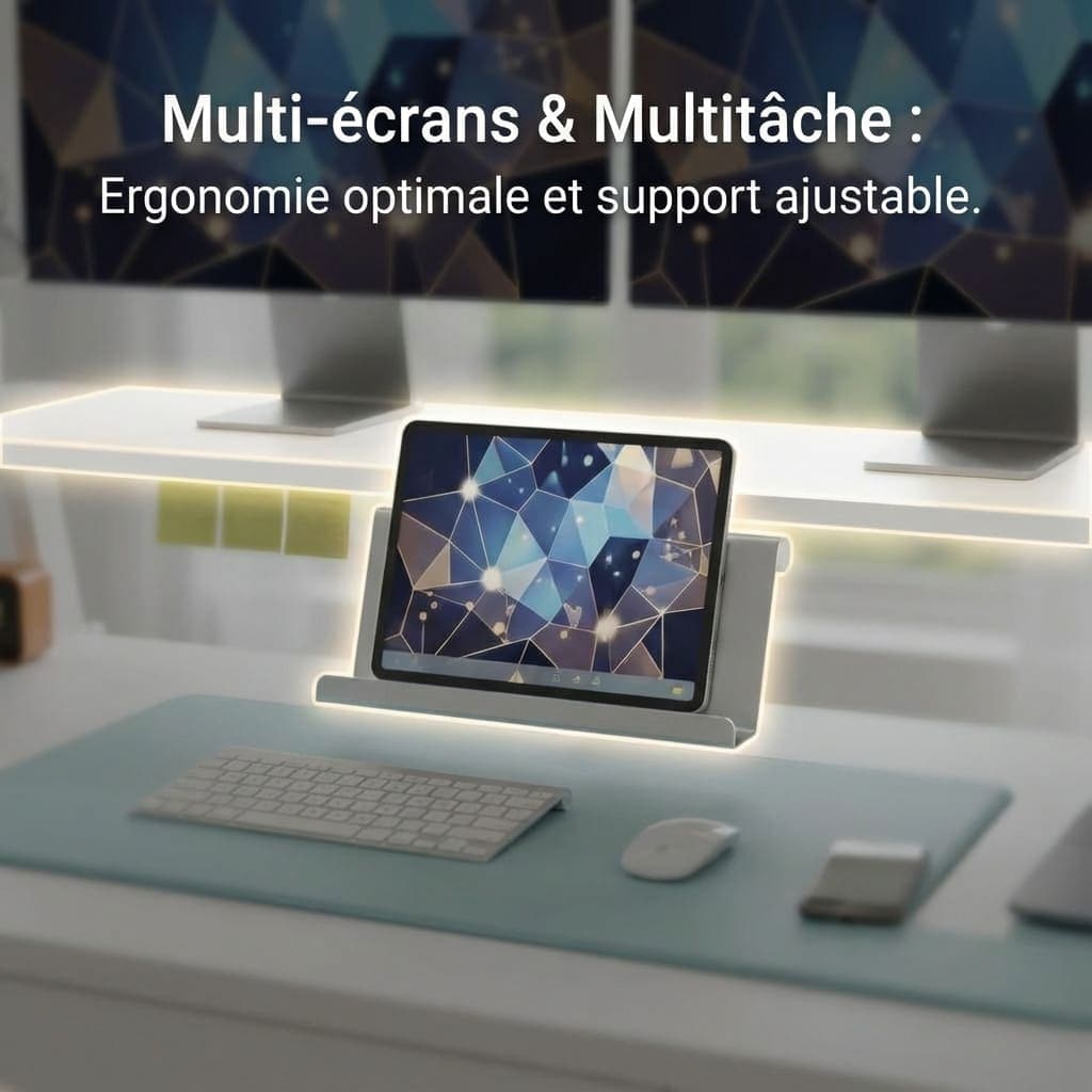 Support multifonction ajustable pour tablette et ordinateur portable intégré au bureau assis debout électrique avec rangements. Idéal pour le multitâche et les visioconférences professionnelles.