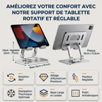 Résumé visuel des dimensions et caractéristiques du support tablette ErgoPivot