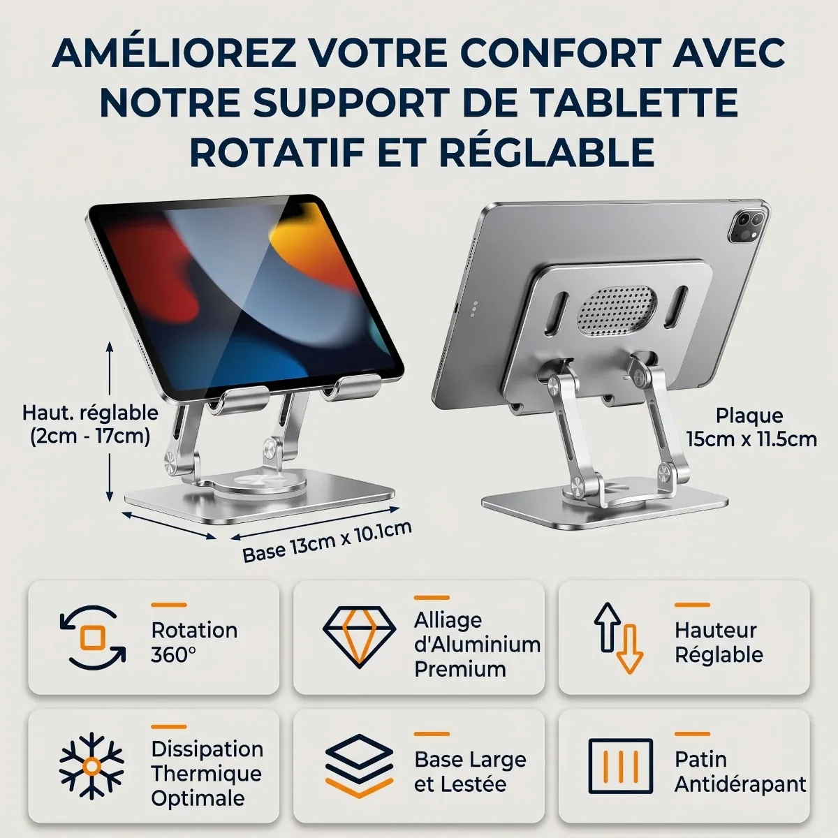 Résumé visuel des dimensions et caractéristiques du support tablette ErgoPivot
