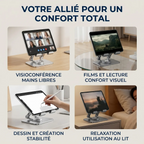 Différents usages du support tablette ErgoPivot : visioconférence, films, dessin et lit
