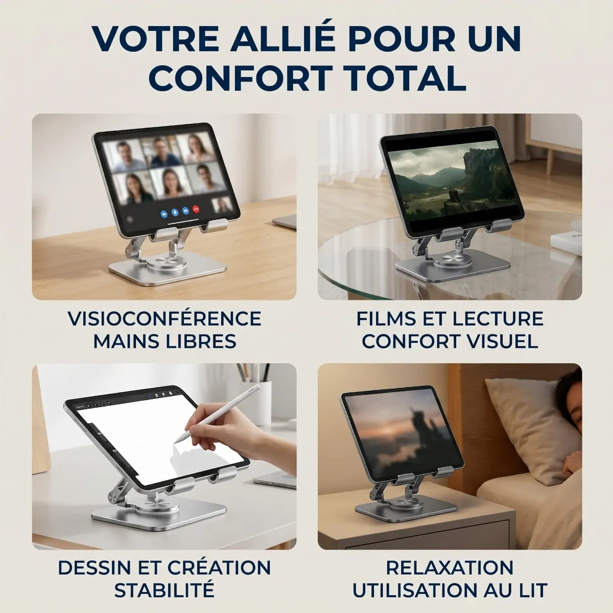 Différents usages du support tablette ErgoPivot : visioconférence, films, dessin et lit