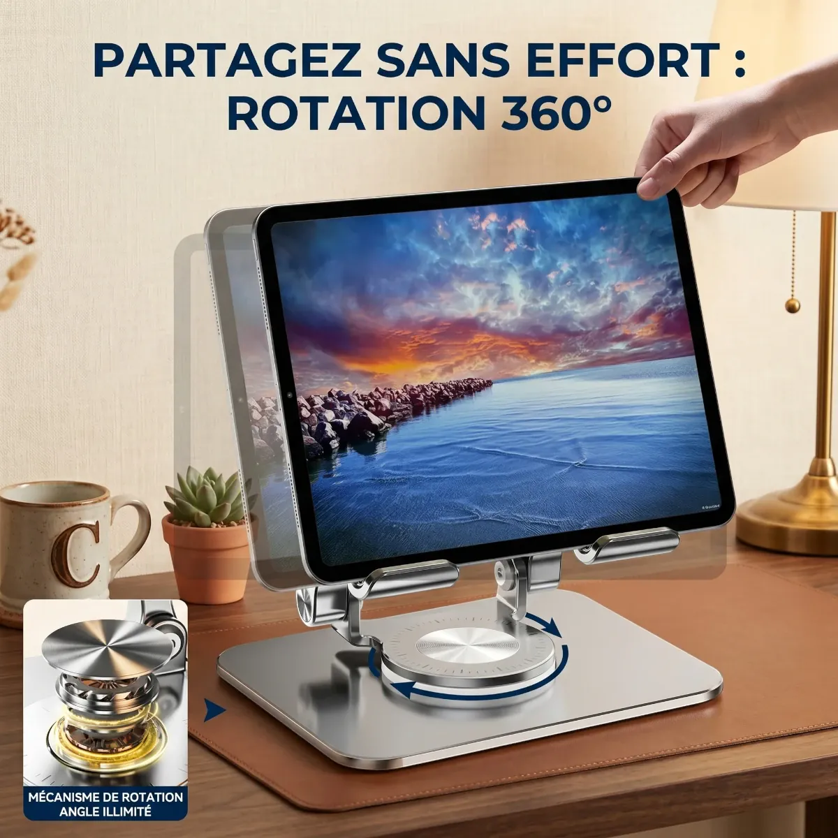 Démonstration de la rotation à 360 degrés du support tablette ErgoPivot