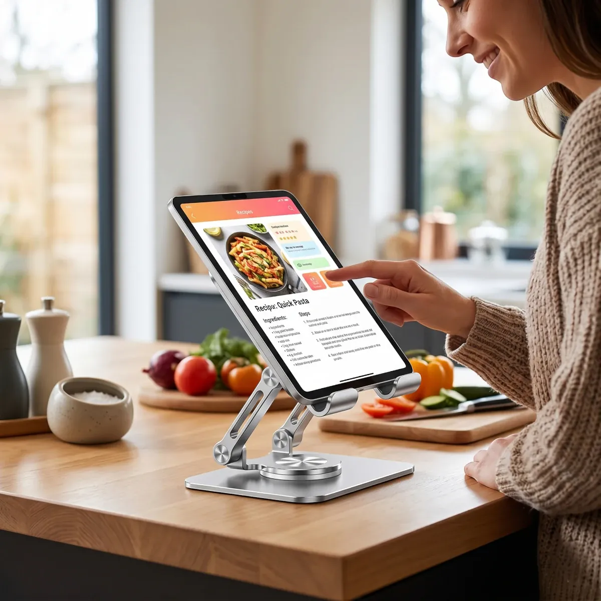 Femme utilisant le support tablette ErgoPivot pour lire une recette dans sa cuisine