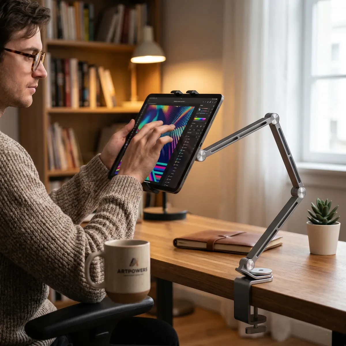 Graphiste utilisant le support de tablette FlexPro sur un bureau en bois chaleureux
