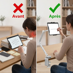 Comparatif avant après soulignant la réduction de la flexion cervicale grâce au support tablette FlexPro
