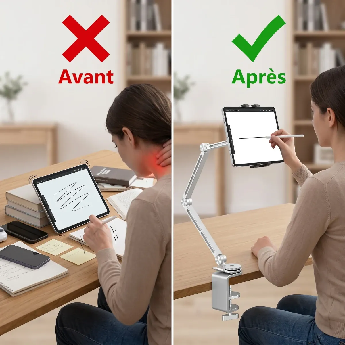 Comparatif avant après soulignant la réduction de la flexion cervicale grâce au support tablette FlexPro