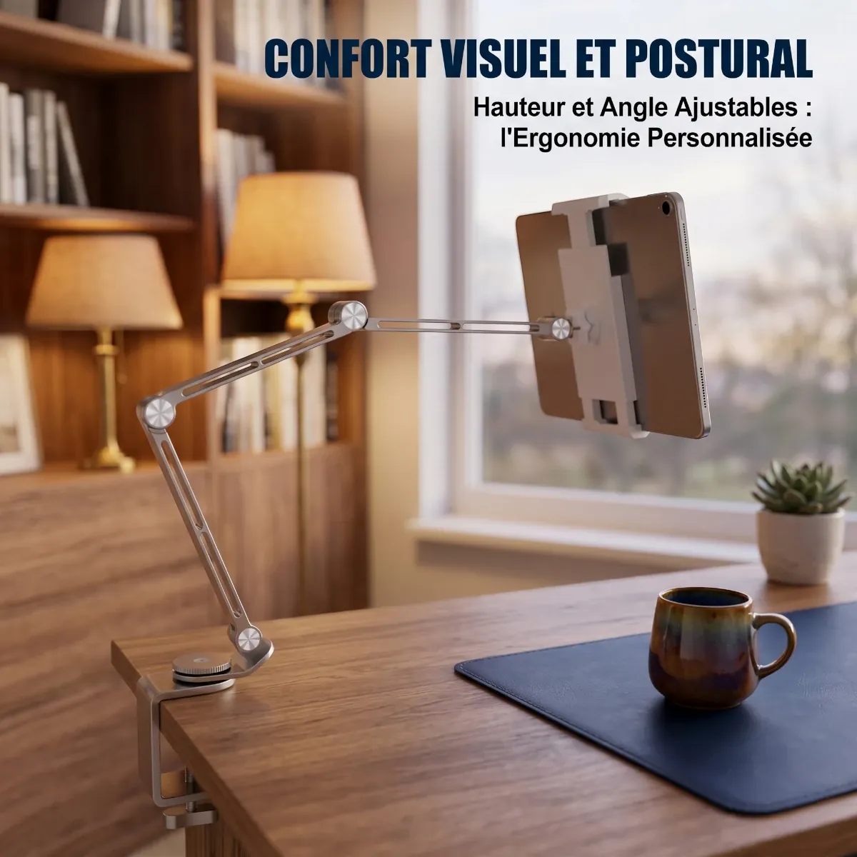 Station de travail ergonomique dotée du rehausseur support pour tablette FlexPro ajusté en hauteur