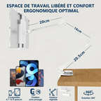 Schéma technique affichant les dimensions en cm et les caractéristiques d'ancrage du support tablette FlexPro