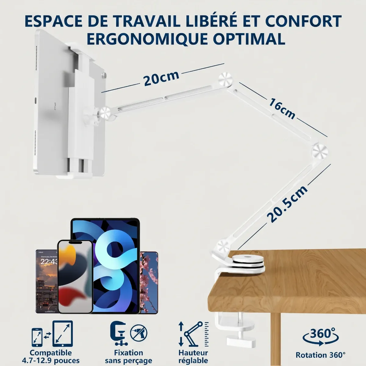 Schéma technique affichant les dimensions en cm et les caractéristiques d'ancrage du support tablette FlexPro