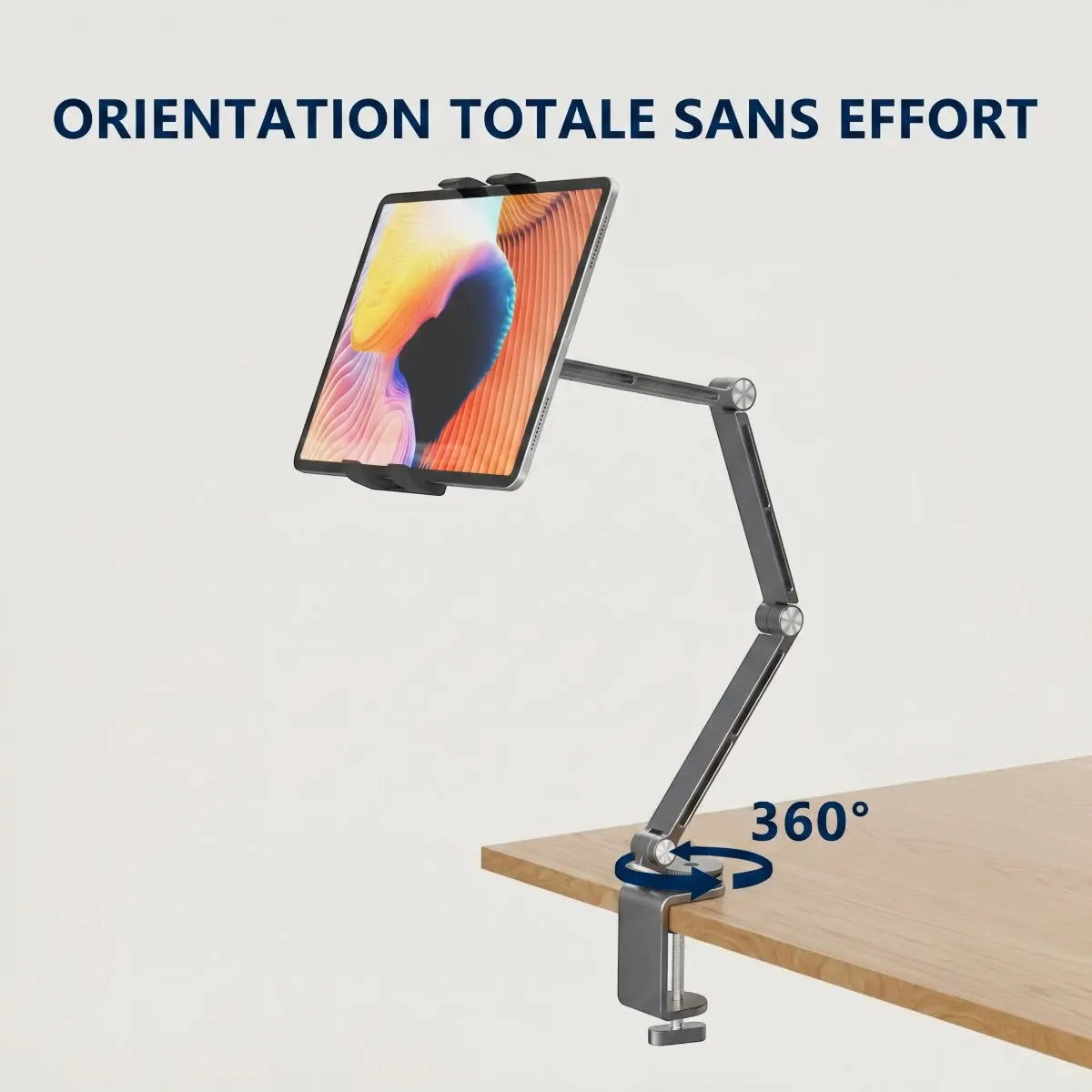 Socle et bras articulé du support tablette FlexPro mettant en avant sa rotation totale à 360°