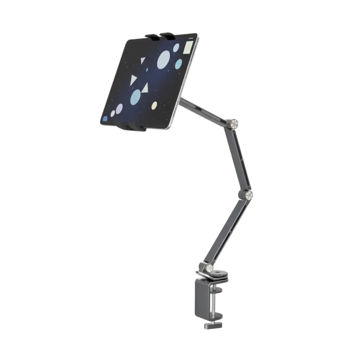 Support tablette FlexPro en alliage d'aluminium gris anthracite de profil sur fond blanc