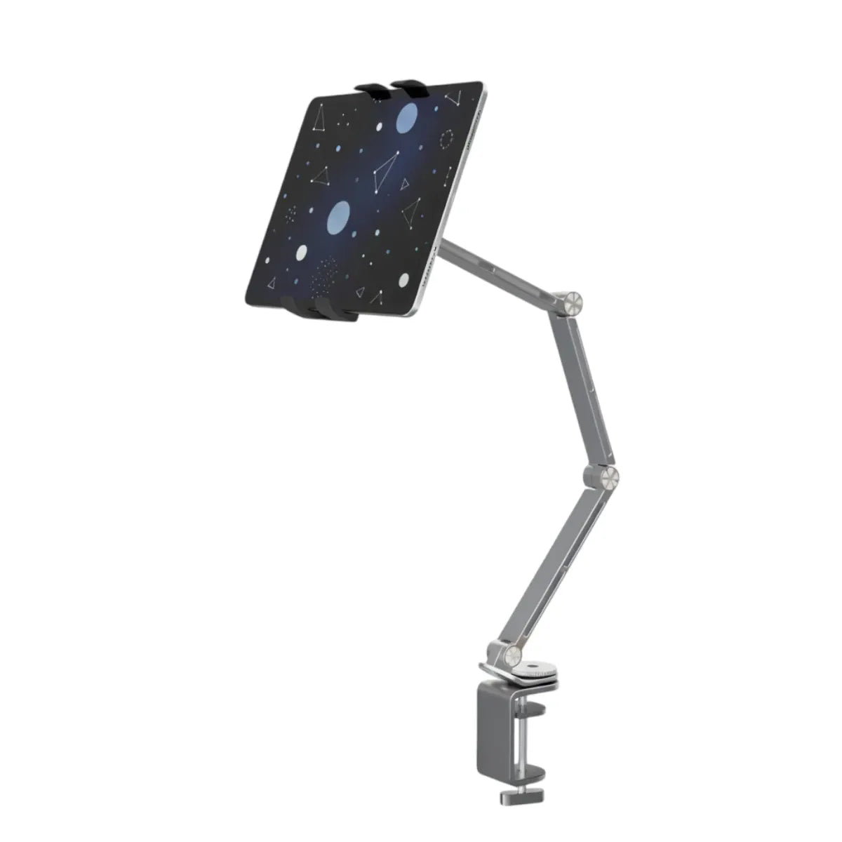 Support pour tablette FlexPro en aluminium argenté de profil sur fond blanc