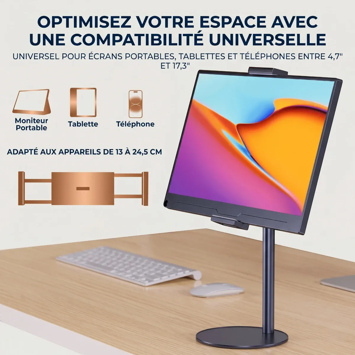 Compatibilité universelle du support tablette Horizon Pro pour écrans et smartphones