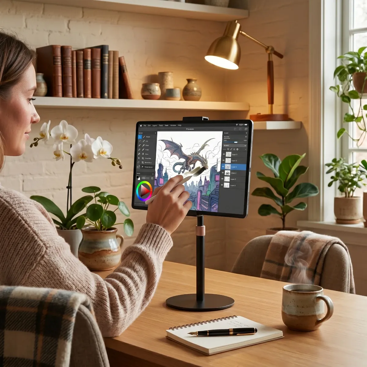 Femme utilisant le support tablette Horizon Pro pour dessiner sur iPad