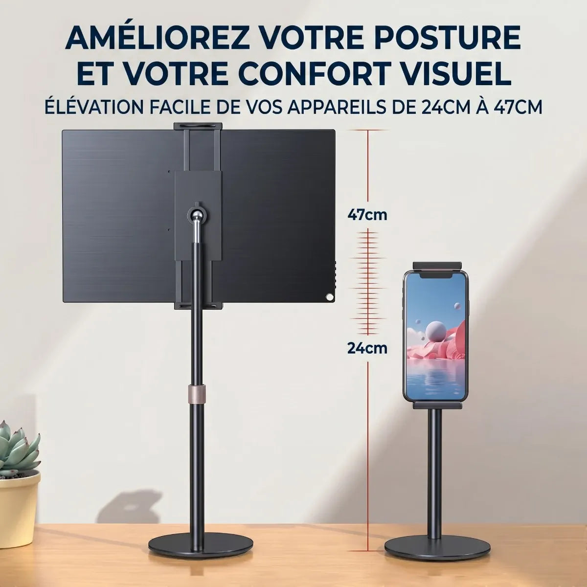 Ajustement de la hauteur de 24 à 47 cm du support pour tablette Horizon Pro
