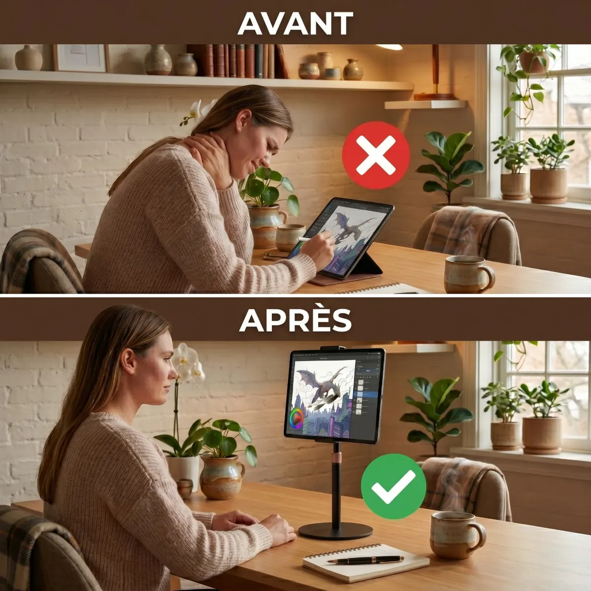 Avant après amélioration de la posture avec le support pour tablette Horizon Pro