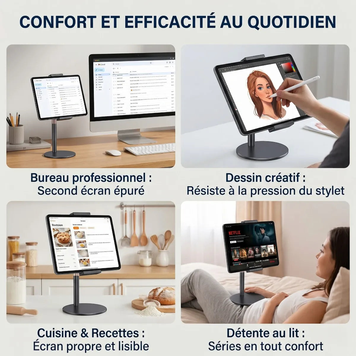 4 cas d'usage du support tablette Horizon Pro : bureau, dessin, cuisine, lit