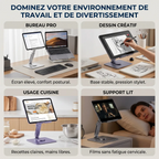 Station de travail nomade Motion360 avec quatre usages : bureau pro, dessin créatif, cuisine et support tablette lit.