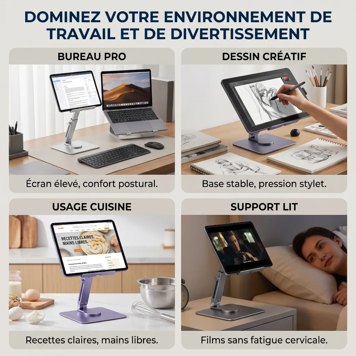 Station de travail nomade Motion360 avec quatre usages : bureau pro, dessin créatif, cuisine et support tablette lit.