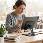 Femme utilisant le support tablette pied ErgoPad X au bureau pour dessiner avec un stylet.