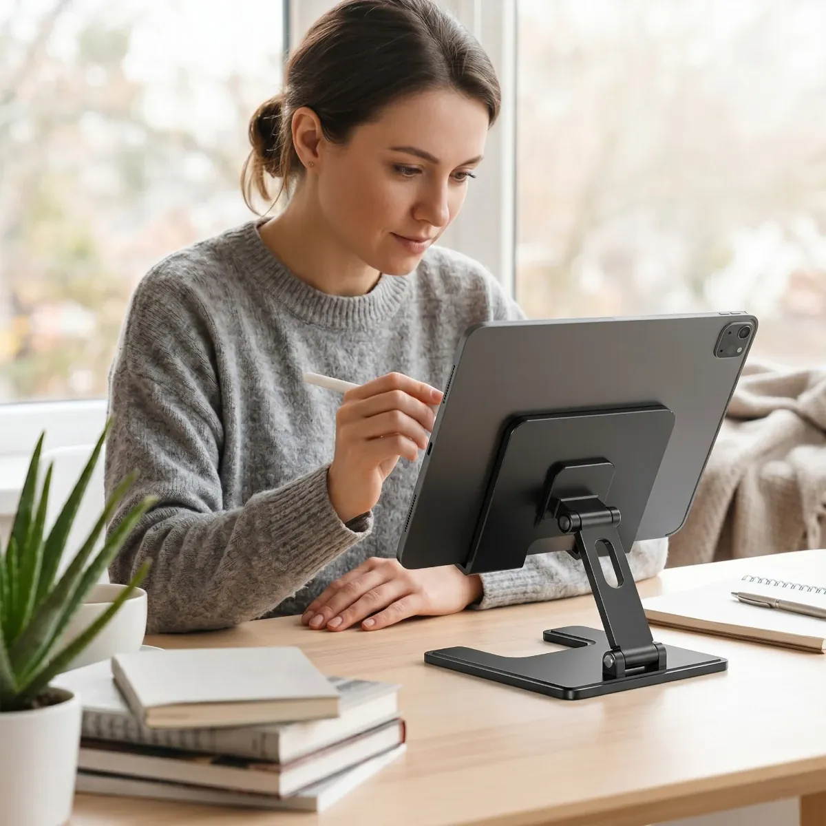 Femme utilisant le support tablette pied ErgoPad X au bureau pour dessiner avec un stylet.
