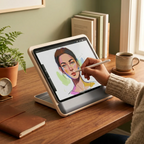 Artiste utilisant le support tablette sur pied Kreativ Pro pour dessiner confortablement au bureau