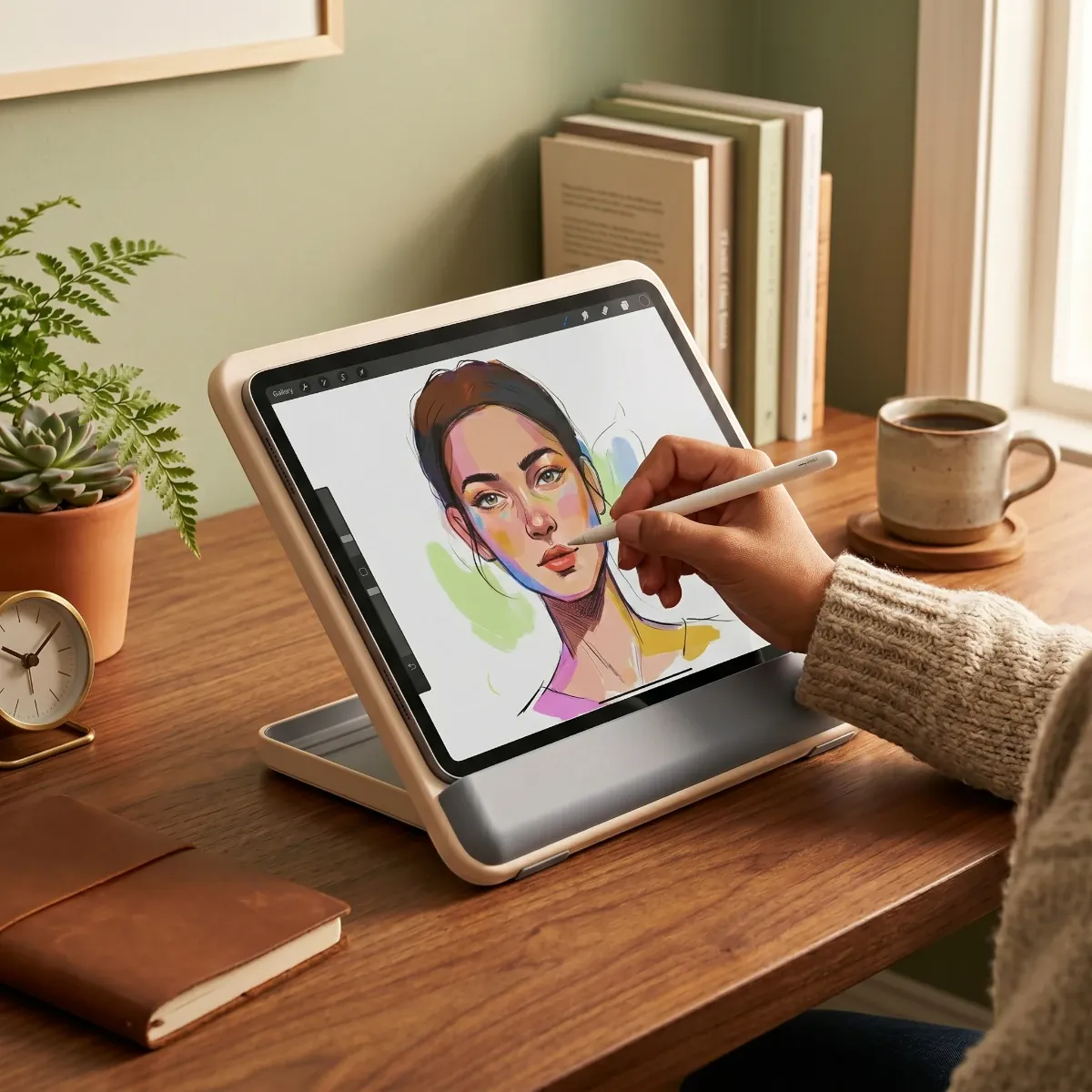 Artiste utilisant le support tablette sur pied Kreativ Pro pour dessiner confortablement au bureau