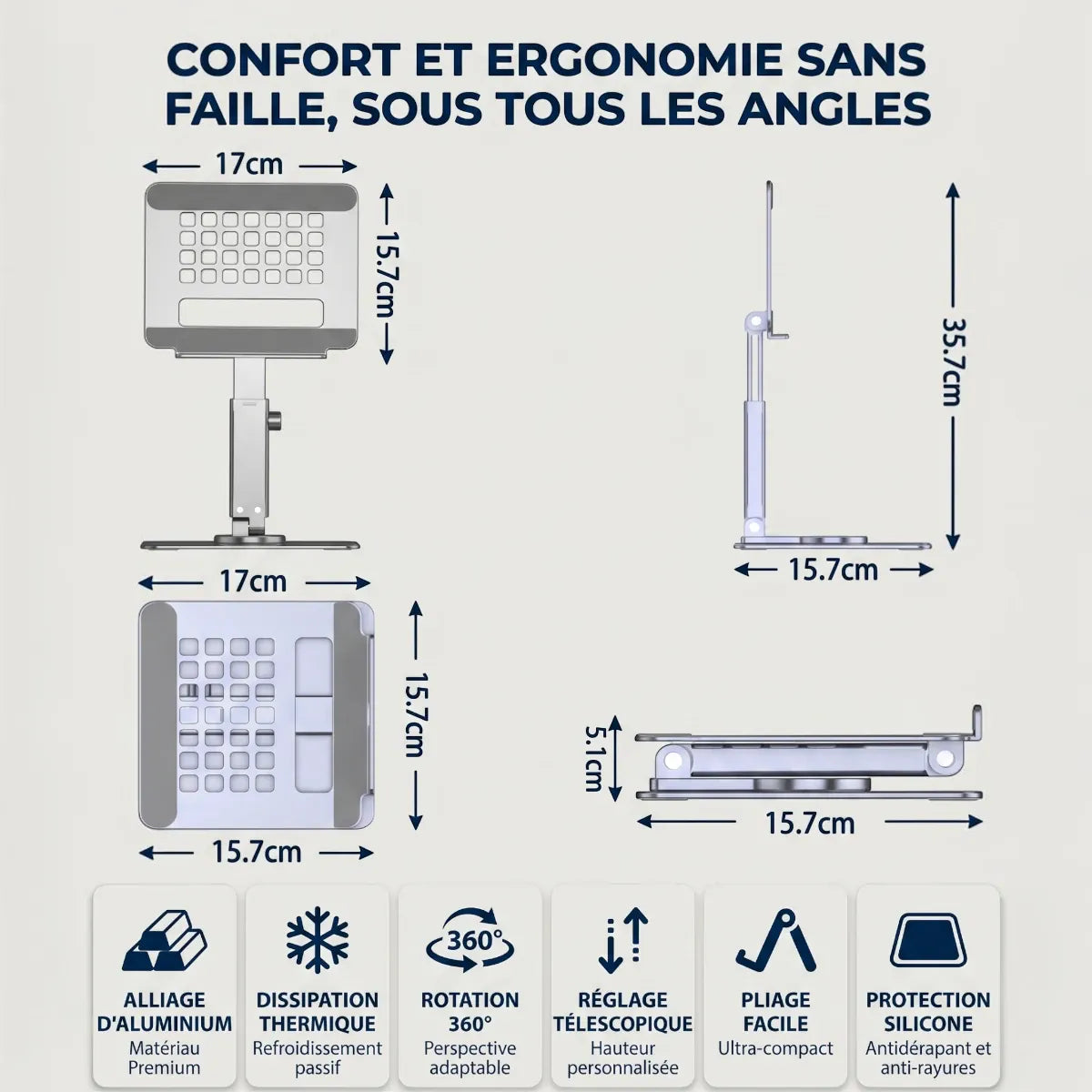 Dimensions détaillées et caractéristiques techniques d'ingénierie du support tablette pied Motion360.