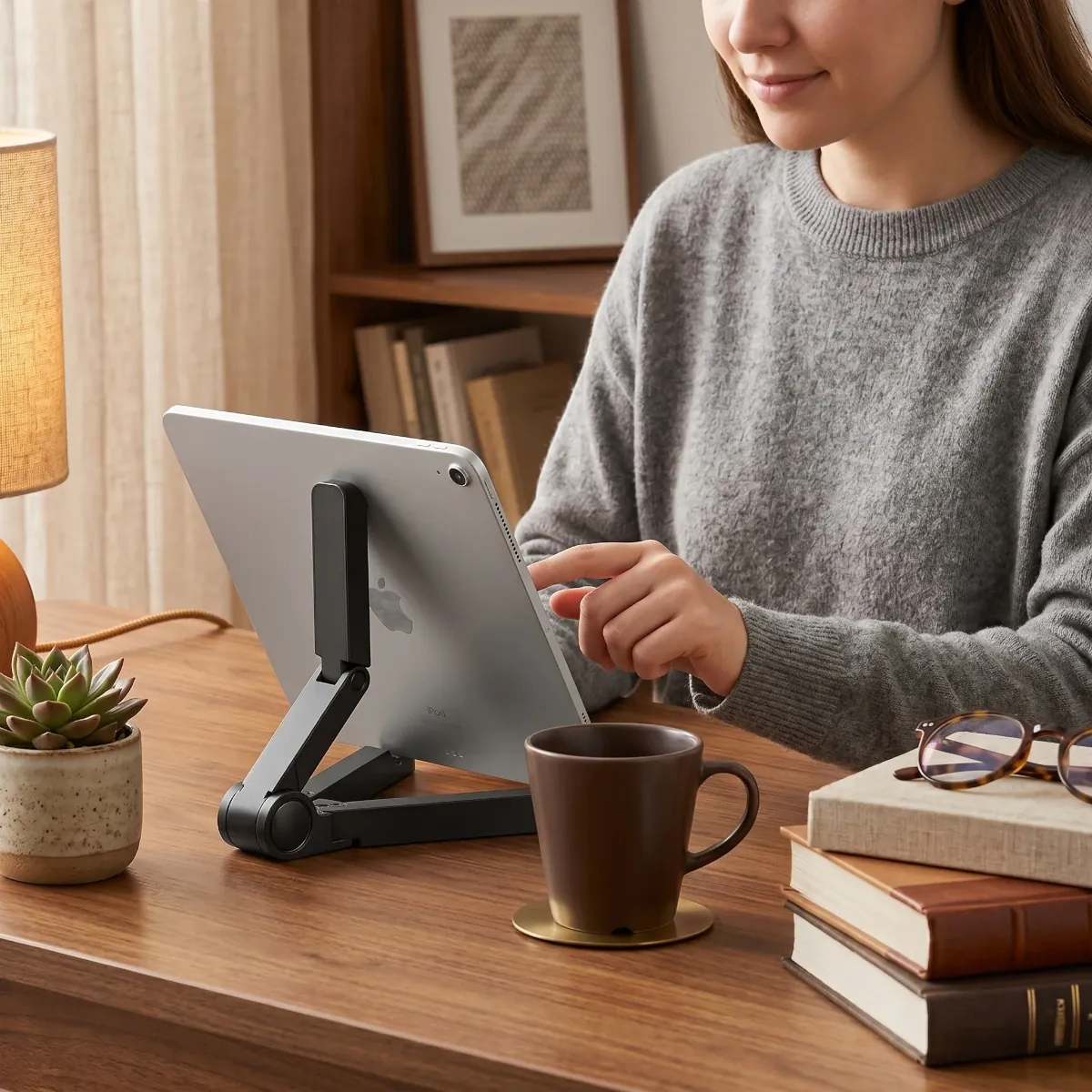 Utilisation du support tablette pied TabFlex Pro au bureau pour une productivité et un confort absolu.