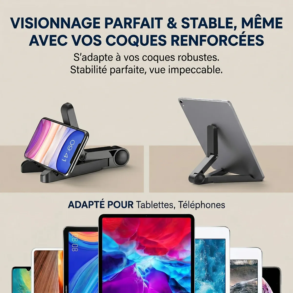 Support tablette compatible iPad et support tablette Samsung, conçu pour accueillir les coques de protection épaisses.