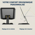 Support tablette Samsung et iPad ErgoPad X illustrant le réglage ergonomique de la hauteur et de la rotation.