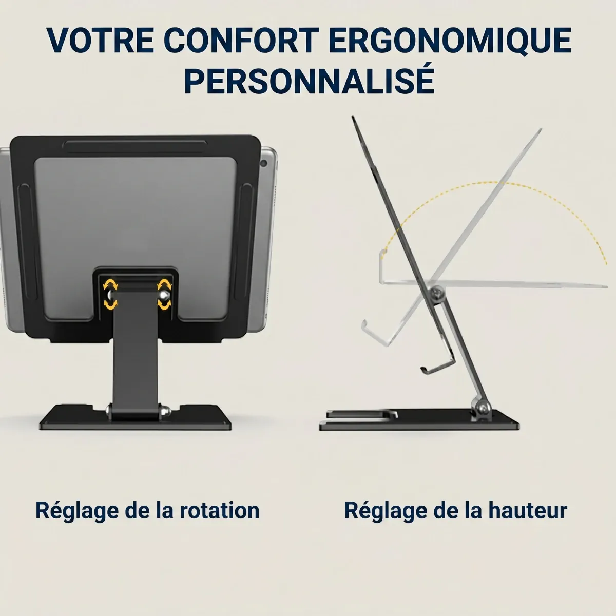 Support tablette Samsung et iPad ErgoPad X illustrant le réglage ergonomique de la hauteur et de la rotation.