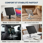 Polyvalence du support de tablette ErgoPad X : utilisation comme support tablette voiture, support tablette lit et au bureau professionnel.