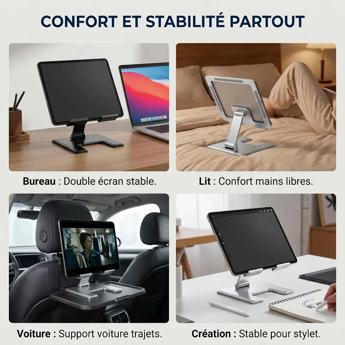 Polyvalence du support de tablette ErgoPad X : utilisation comme support tablette voiture, support tablette lit et au bureau professionnel.