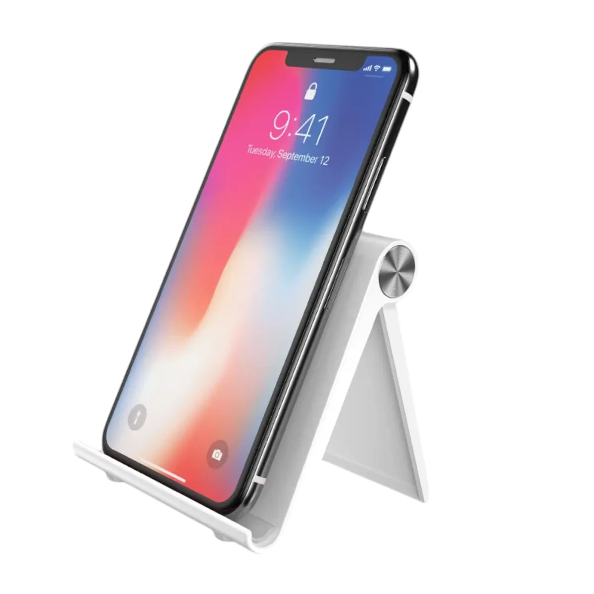 Support téléphone AeroPivot blanc en vue de trois quarts sur fond blanc