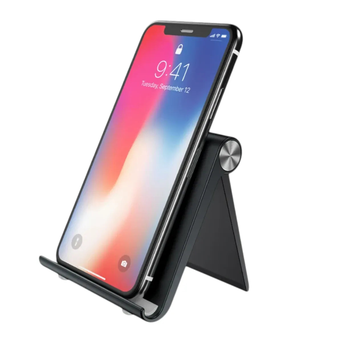 Support téléphone AeroPivot noir en vue de trois quarts sur fond blanc
