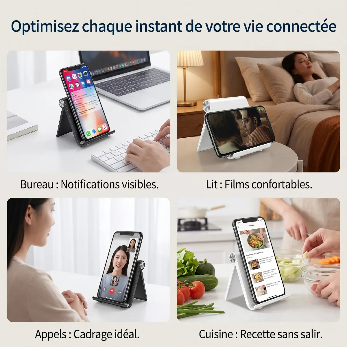 Différents cas d'utilisation du support téléphone AeroPivot : bureau, lit, appels vidéo et cuisine