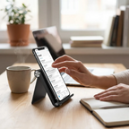 Utilisation mains libres du support téléphone AeroPivot sur un bureau avec un smartphone