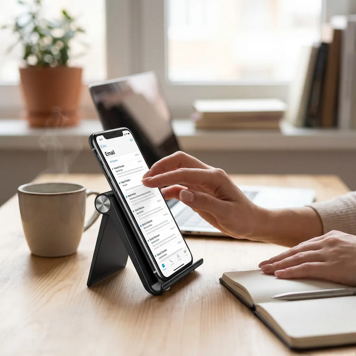 Utilisation mains libres du support téléphone AeroPivot sur un bureau avec un smartphone