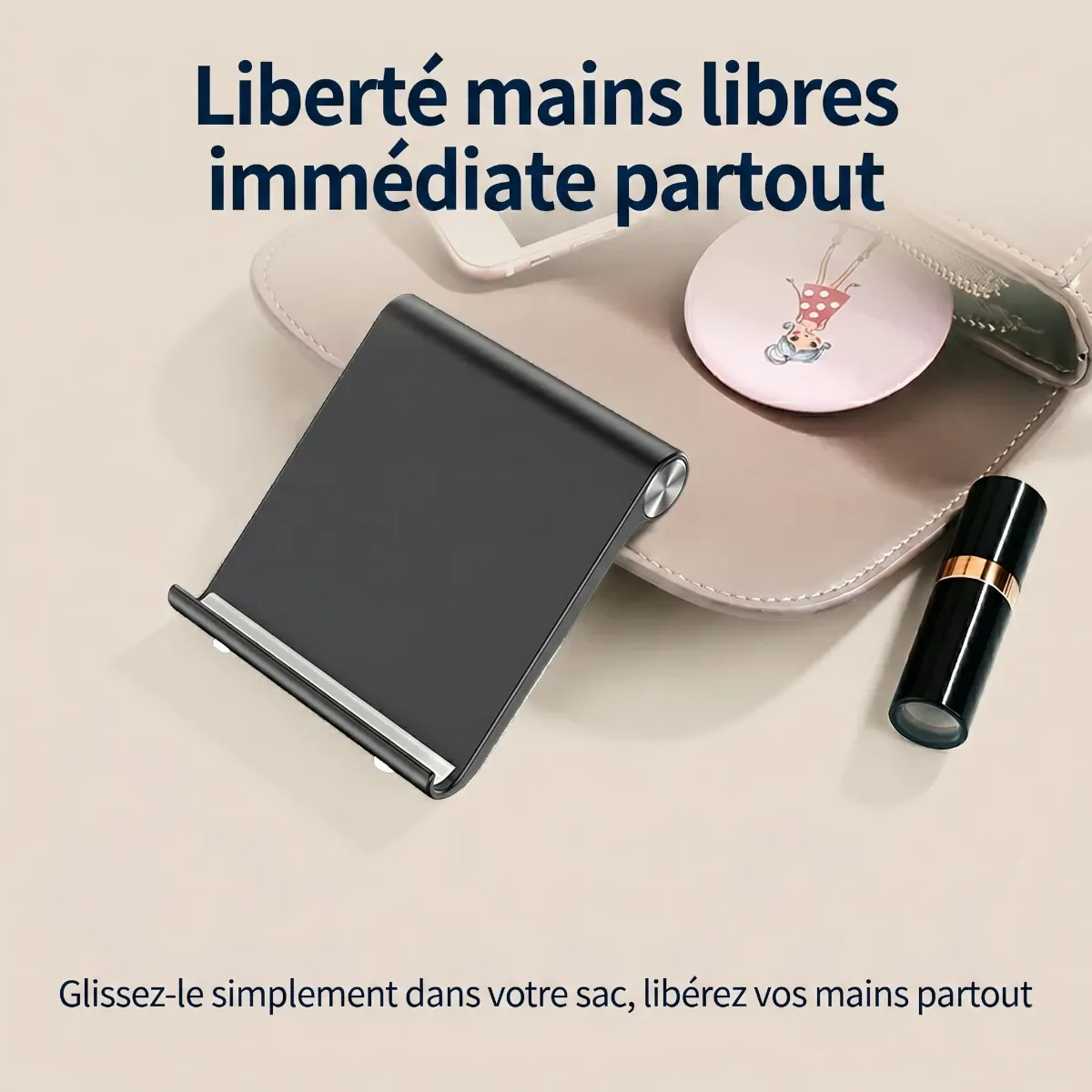 Support téléphone AeroPivot plié et rangé dans un sac démontrant son format ultra-portable