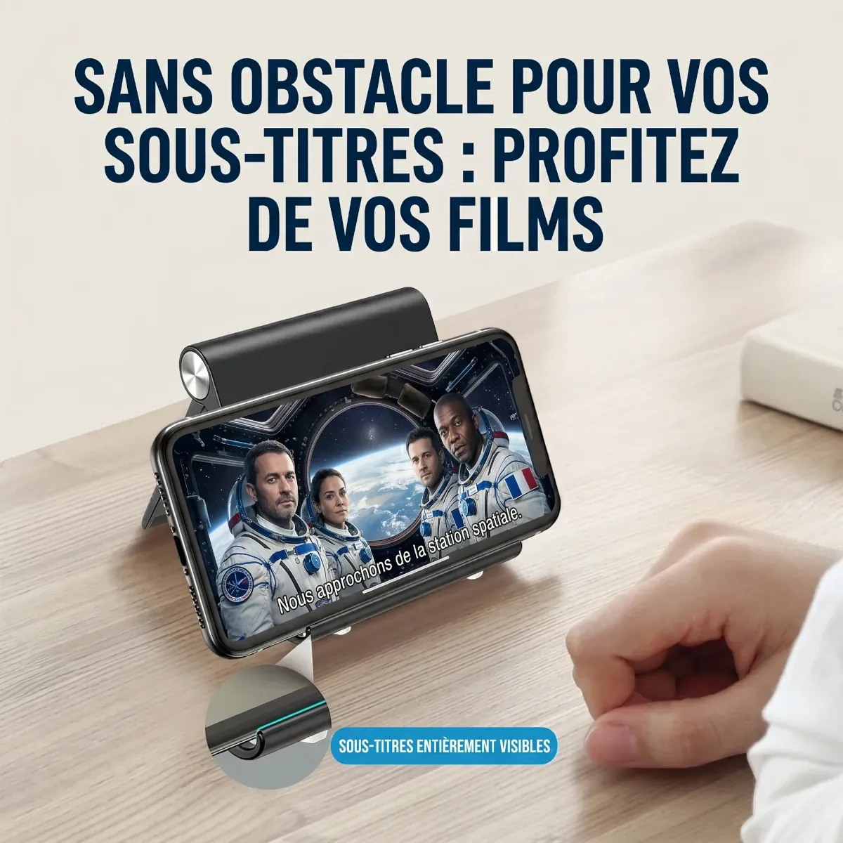 Support téléphone AeroPivot offrant une visibilité totale de l'écran et des sous-titres lors du visionnage de films