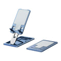 Support de téléphone AeroRise Pro Bleu Minuit en aluminium, modèle studio isolé sur fond blanc.