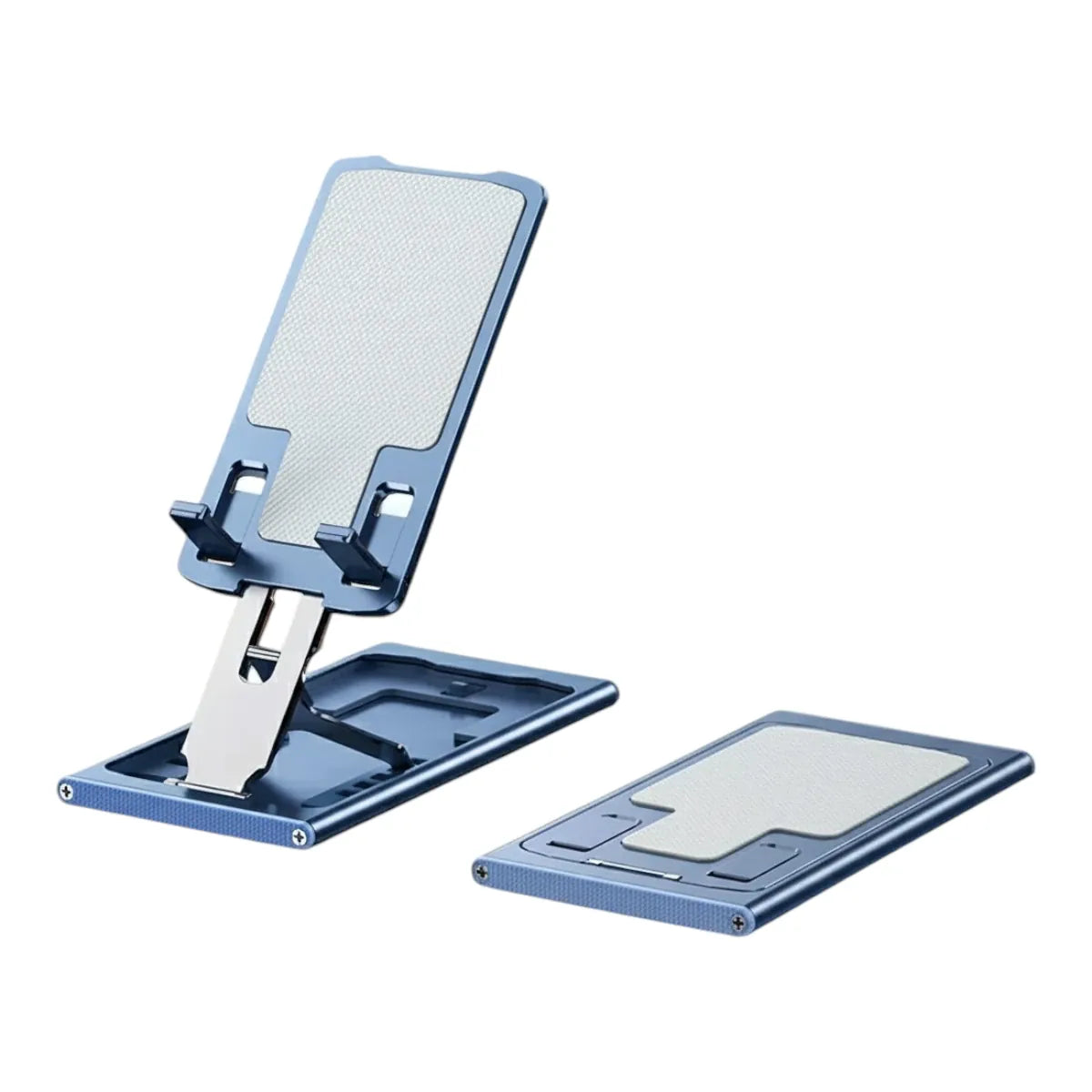 Support de téléphone AeroRise Pro Bleu Minuit en aluminium, modèle studio isolé sur fond blanc.