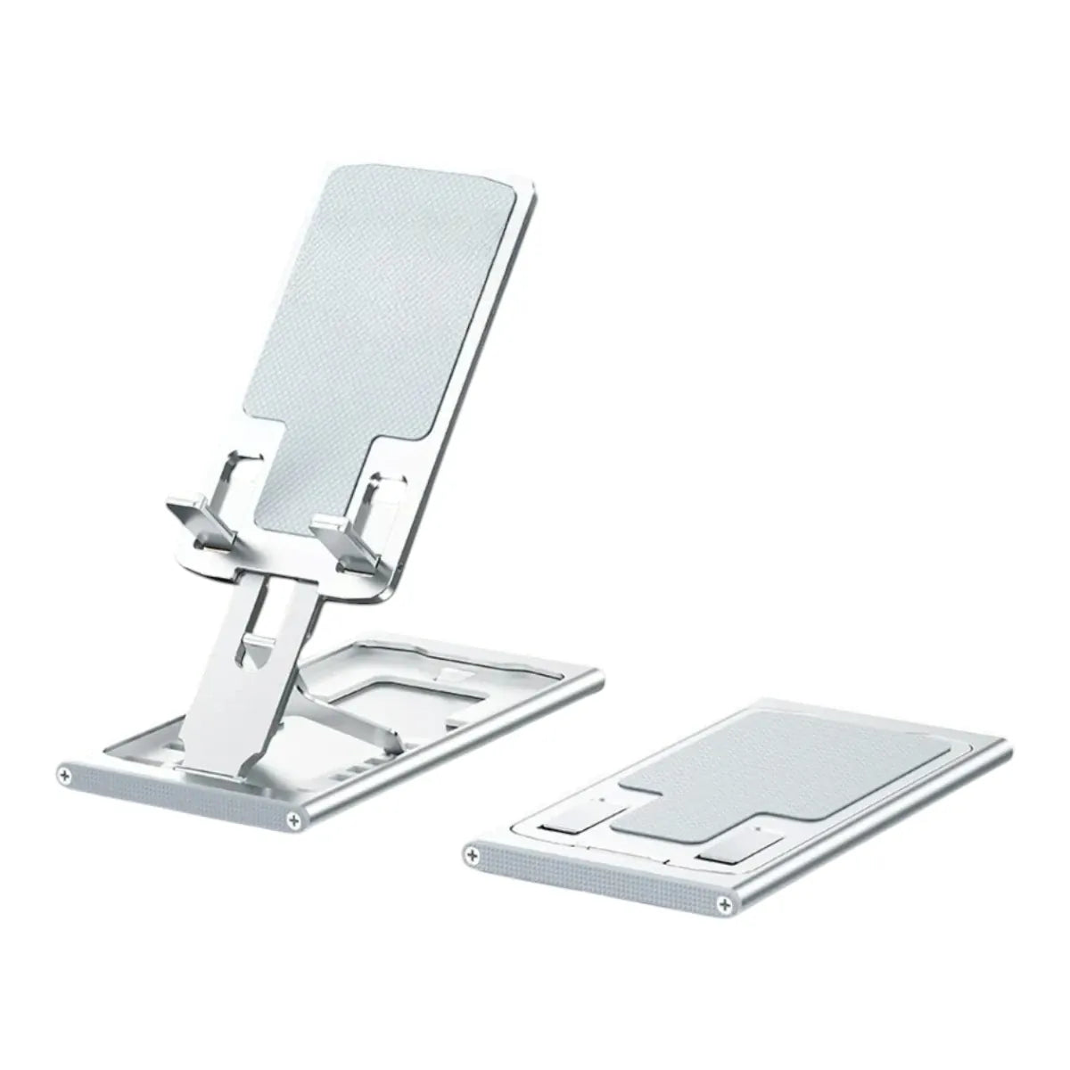 Rehausseur téléphone AeroRise Pro en aluminium argenté brossé avec revêtement de protection antidérapant.